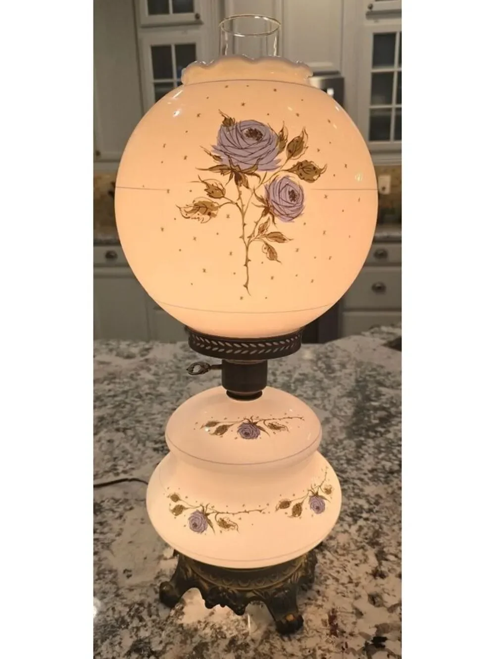 Vintage Gone With the Wind Hurricane Lamp Blue Roses 3-Way Satin Glass 21